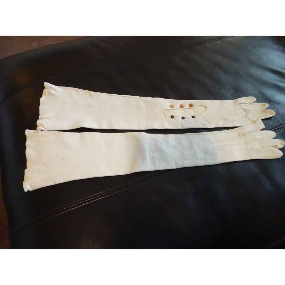 Vintage Ivory Soft FRENCH KID 21" Opera Gloves w/ Bakelite Snaps Elegant As‎ Is
